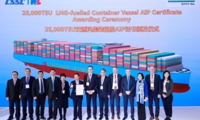 DNV GL awarded an Approval in Principle (AiP) certificate to Hudong-Zhonghua for its new gas-fueled 25000TEU Ultra Large Container vessel (ULCS) design at the CSSC booth