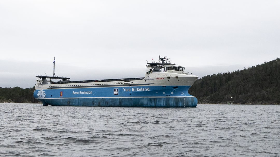Yara Birkeland, world’s first 100% electric & autonomous e-container ship. Image: Leclanché SA