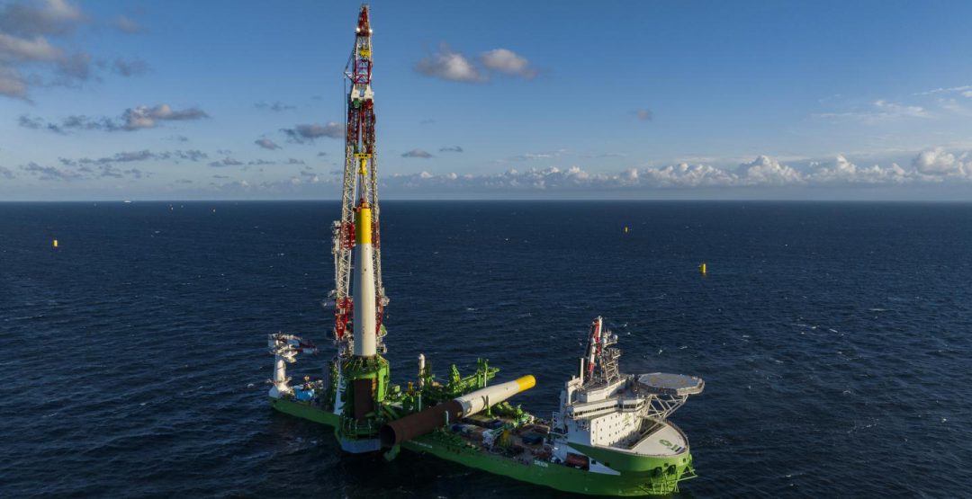 DEME Offshore installs its final XXL monopile at Arcadis Ost 1 offshore wind farm. Image: DEME