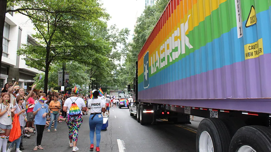 Maersk's rainbow 40' container participates in the Charlotte Pride Parade. Image: Maersk